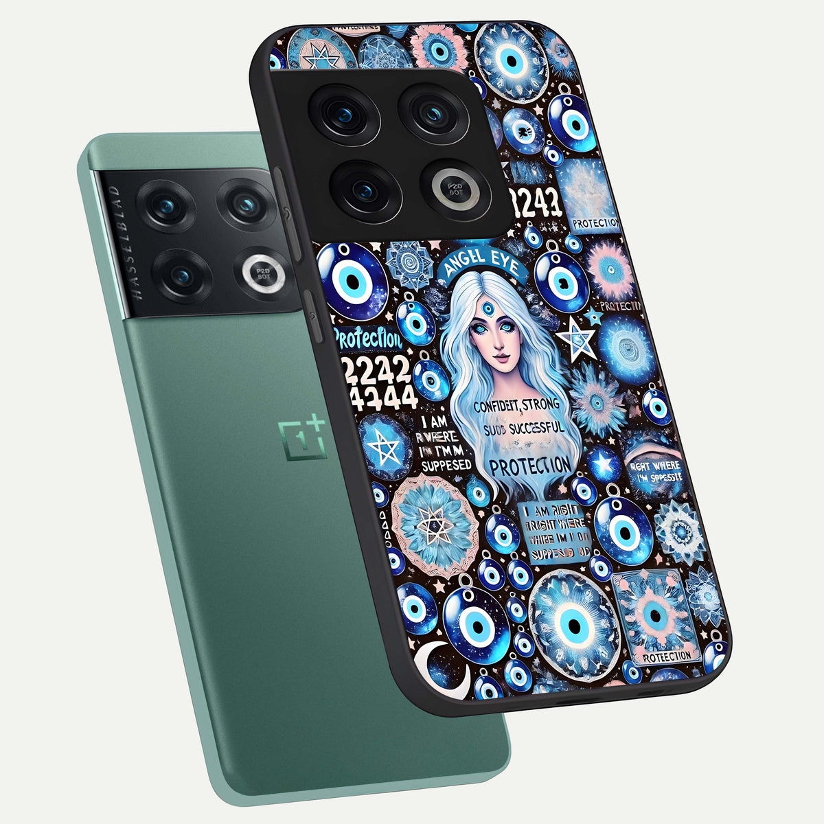 Angel Aura Shield phone case For OnePlus 10 Pro showing premium glass back cover with detailed artwork