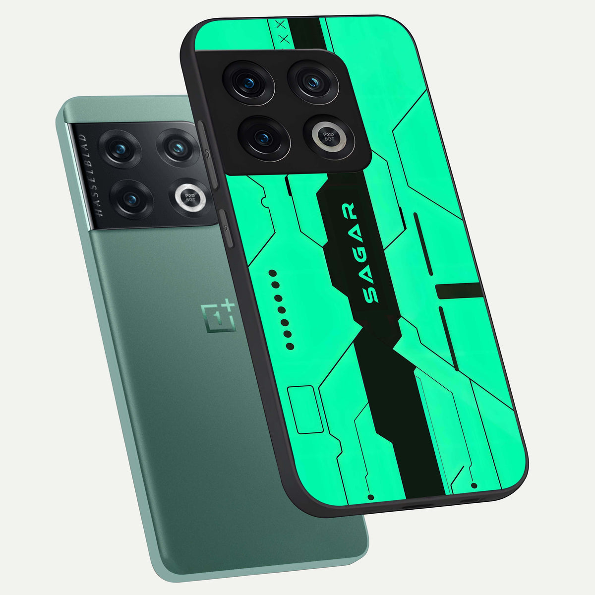  Aqua Tech CYBERPUNK Custom Name phone case For OnePlus 10 Pro showing premium glass back cover with detailed artwork