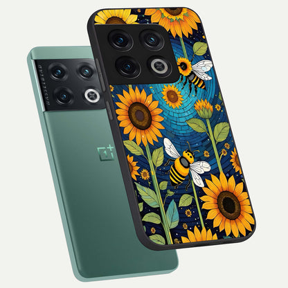  Bees And Sunflowers phone case For OnePlus 10 Pro showing premium glass back cover with detailed artwork