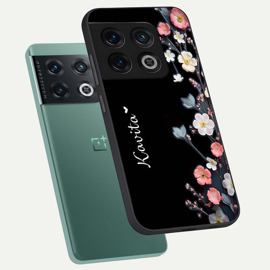  Black Elegance Floral Custom Name phone case For OnePlus 10 Pro showing premium glass back cover with detailed artwork