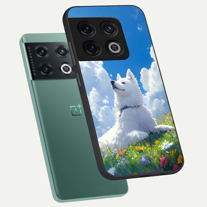  Blissful Cloud Pup phone case For OnePlus 10 Pro showing premium glass back cover with detailed artwork