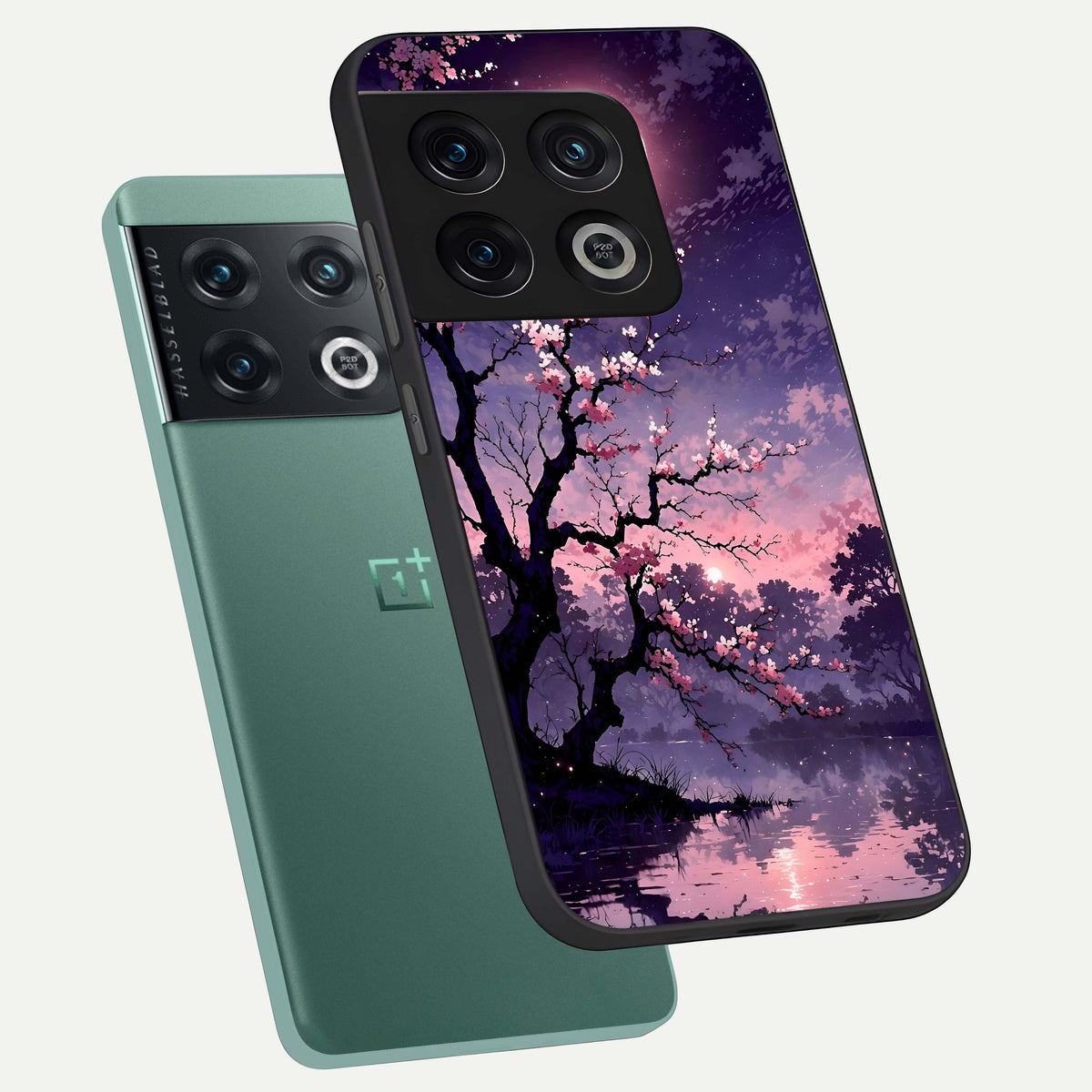  Blossom Pink Moon phone case For OnePlus 10 Pro showing premium glass back cover with detailed artwork