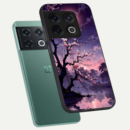  Blossom Pink Moon phone case For OnePlus 10 Pro showing premium glass back cover with detailed artwork