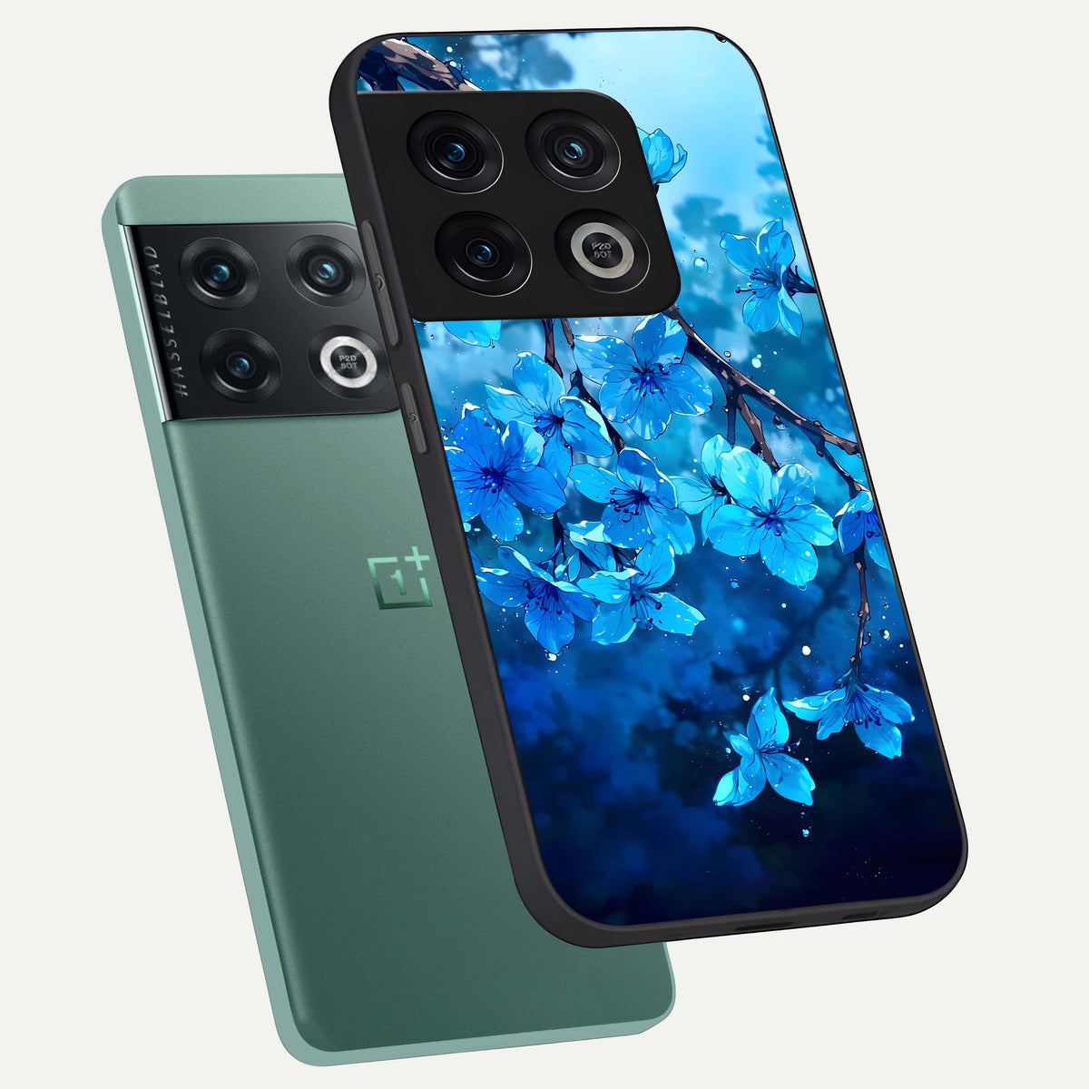  Blue Blossoms Branch phone case For OnePlus 10 Pro showing premium glass back cover with detailed artwork
