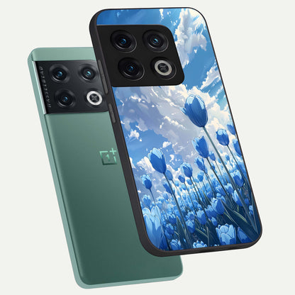  Blue Tulip Clouds phone case For OnePlus 10 Pro showing premium glass back cover with detailed artwork