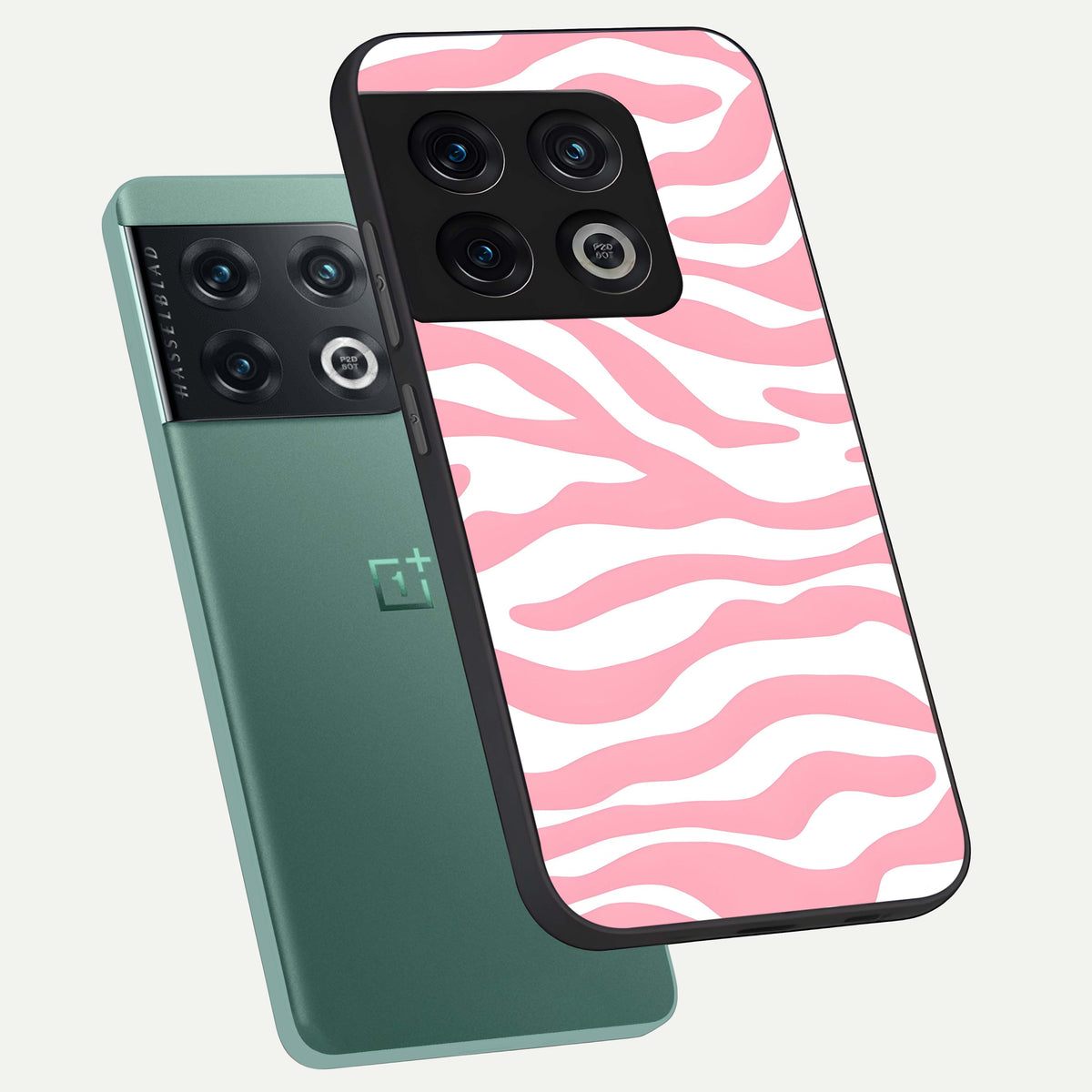  Blush Zebra Flow phone case For OnePlus 10 Pro showing premium glass back cover with detailed artwork