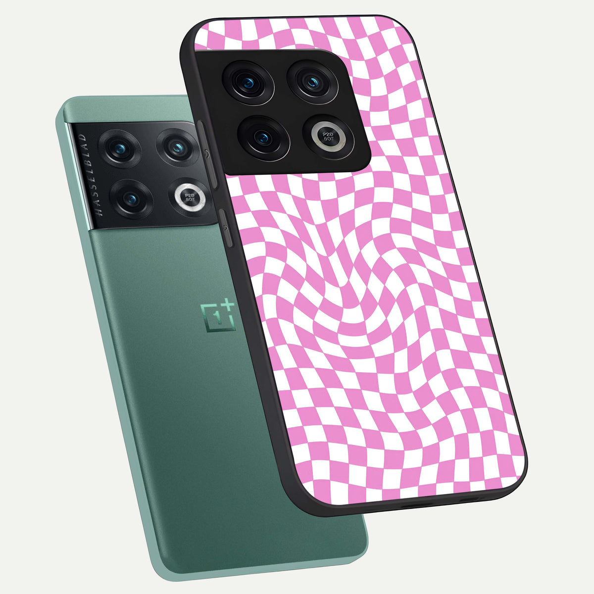  Bubblegum Check Wave phone case For OnePlus 10 Pro showing premium glass back cover with detailed artwork