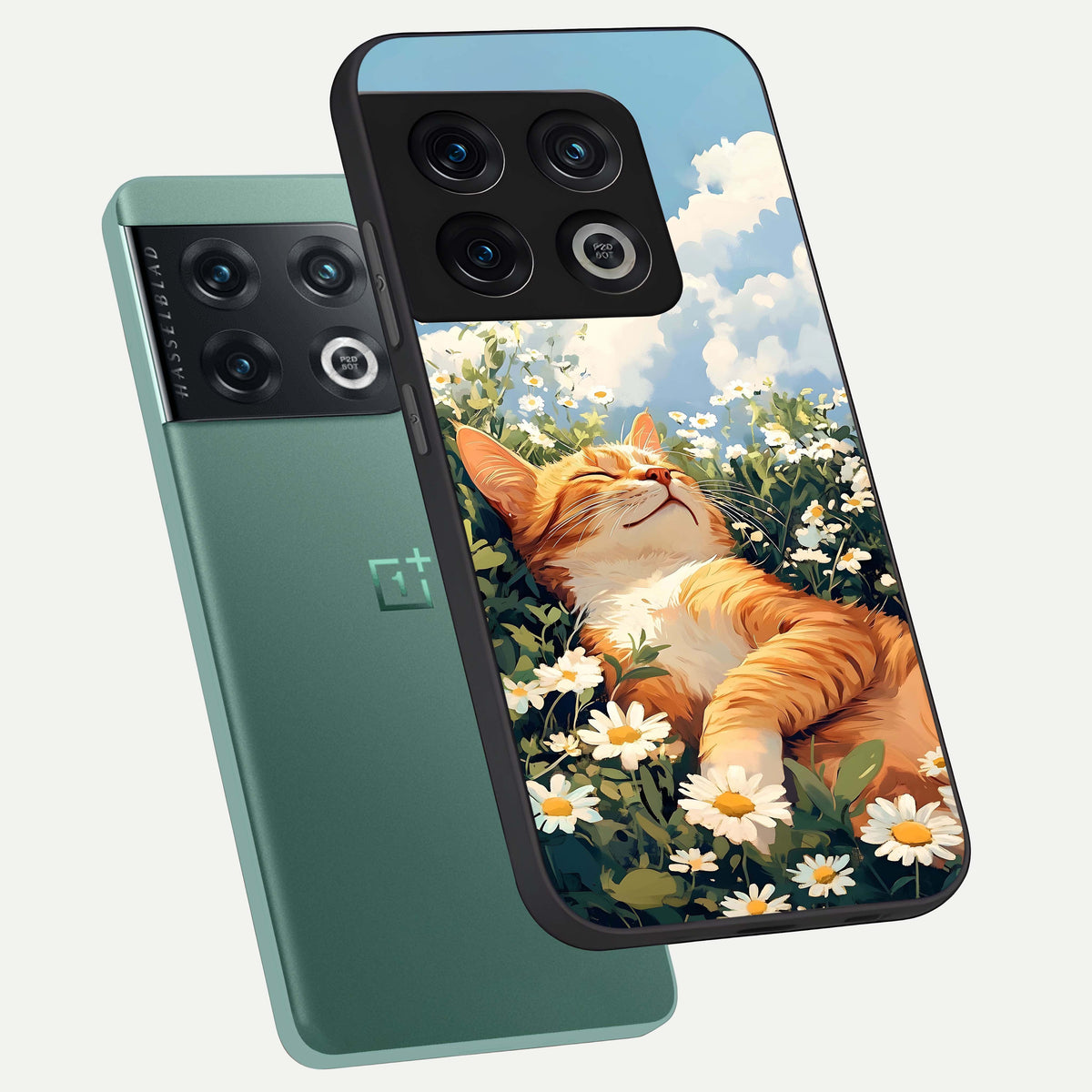  Cat And Flowers View phone case For OnePlus 10 Pro showing premium glass back cover with detailed artwork