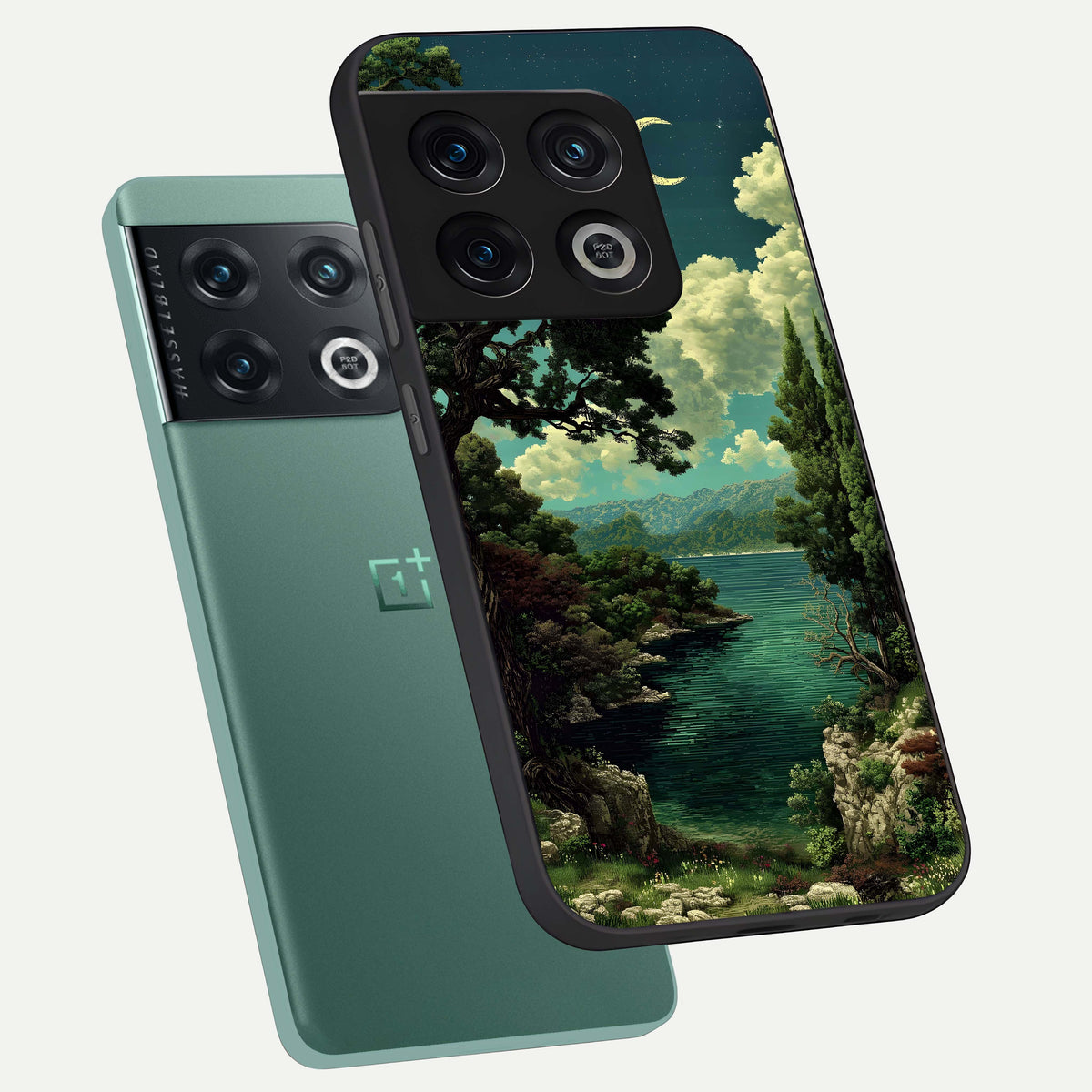  Celestial Lake Peace phone case For OnePlus 10 Pro showing premium glass back cover with detailed artwork