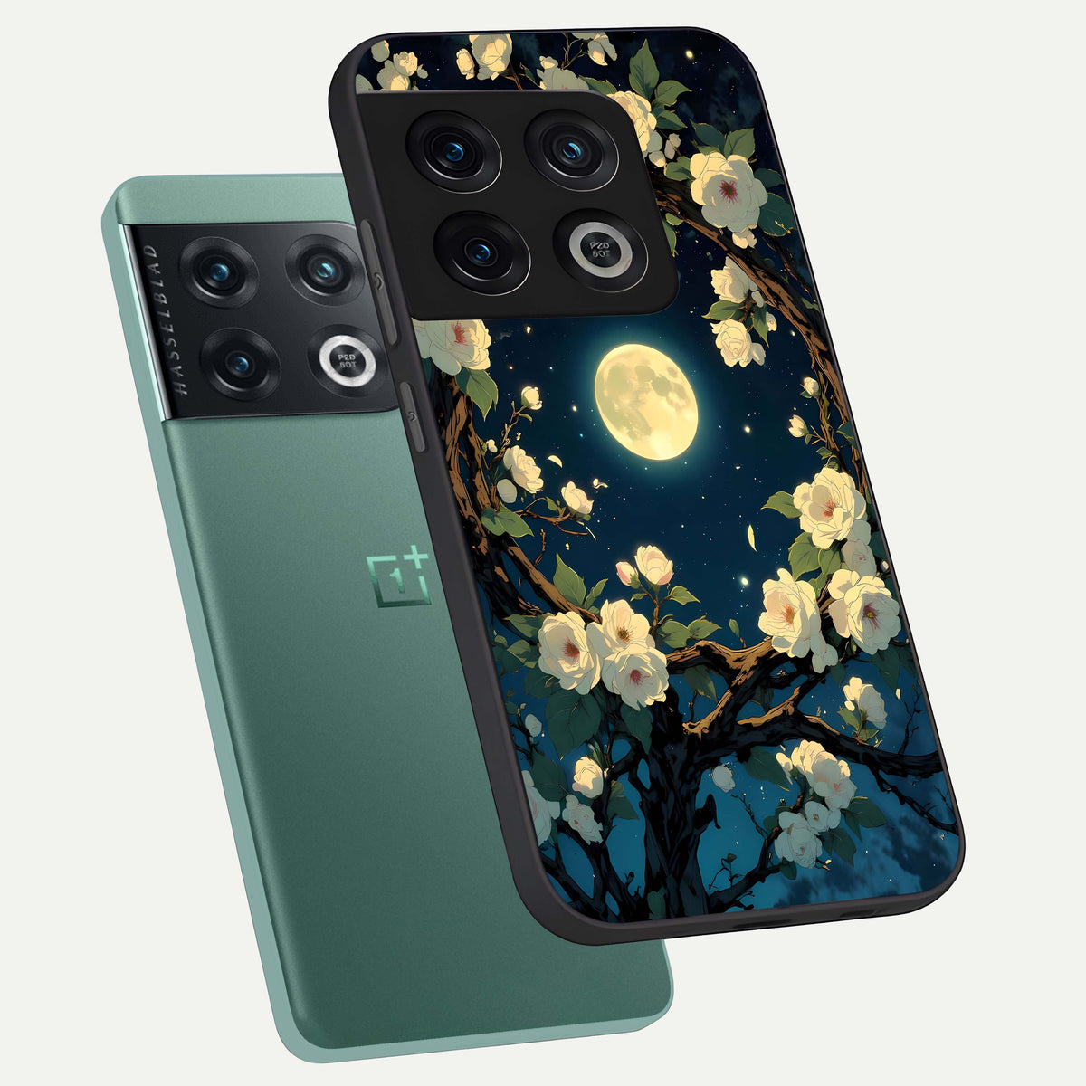  Celestial Moon And Flower phone case For OnePlus 10 Pro showing premium glass back cover with detailed artwork