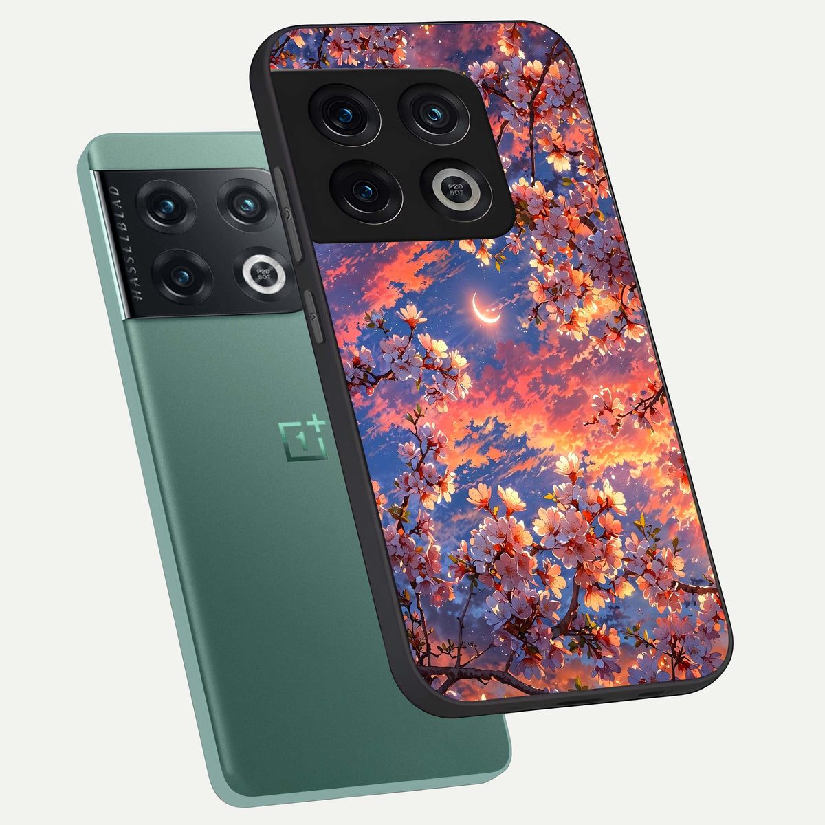  Celestial Sakura Sunset phone case For OnePlus 10 Pro showing premium glass back cover with detailed artwork