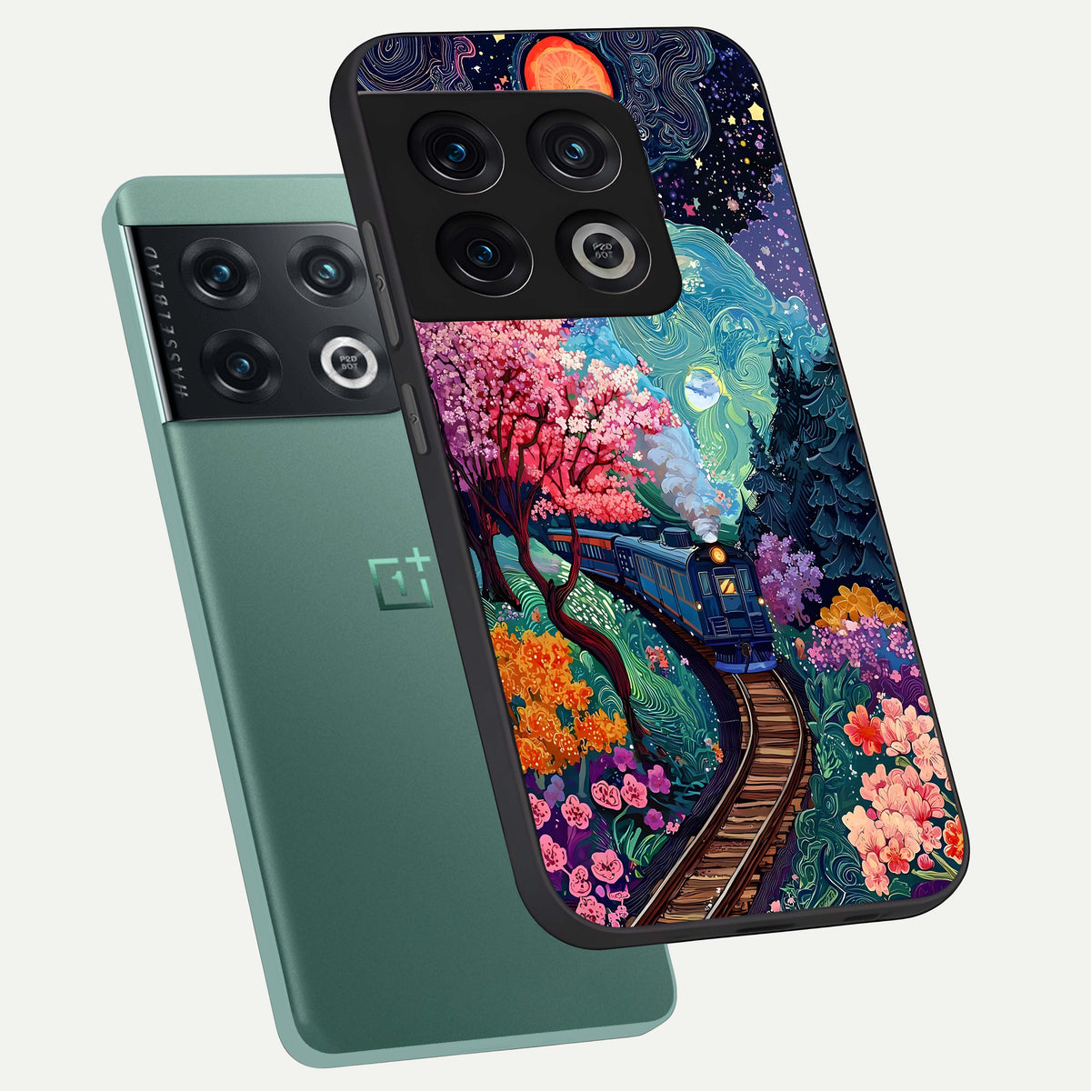 Celestial Train Journey phone case For OnePlus 10 Pro showing premium glass back cover with detailed artwork