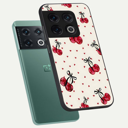  Cherry Heart Bow phone case For OnePlus 10 Pro showing premium glass back cover with detailed artwork