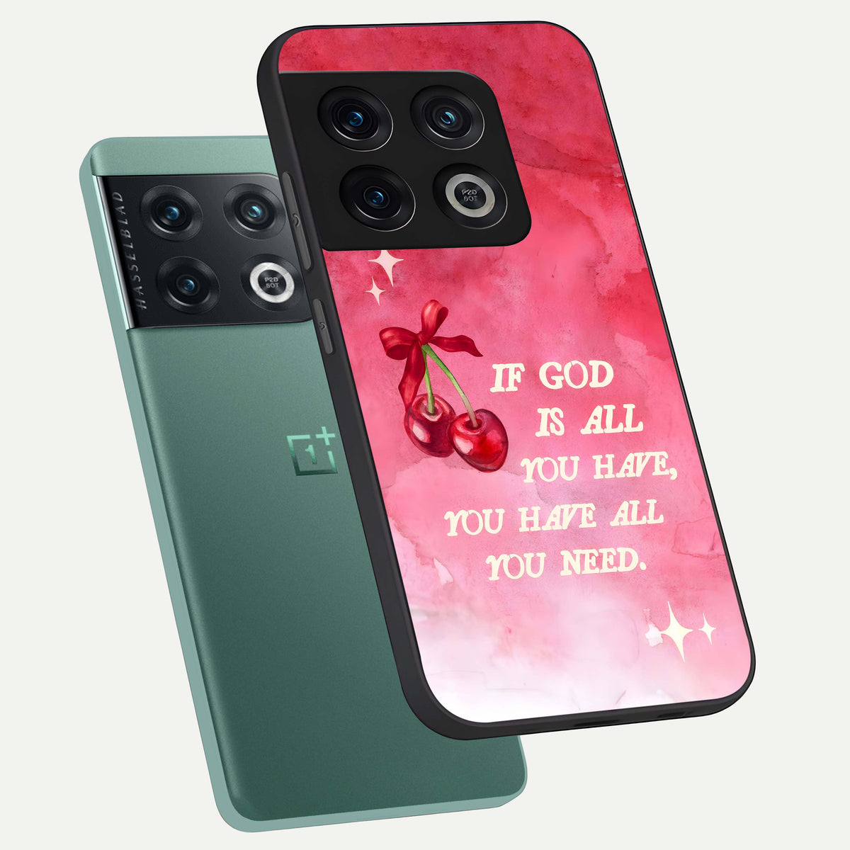  Cherry Quote phone case For OnePlus 10 Pro showing premium glass back cover with detailed artwork