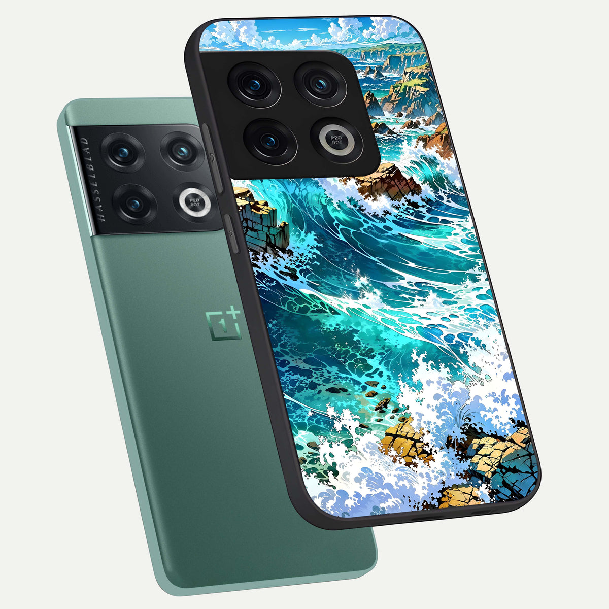  Coastal Blue Waves phone case For OnePlus 10 Pro showing premium glass back cover with detailed artwork