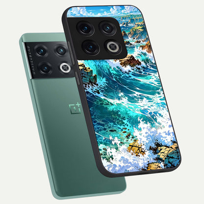  Coastal Blue Waves phone case For OnePlus 10 Pro showing premium glass back cover with detailed artwork
