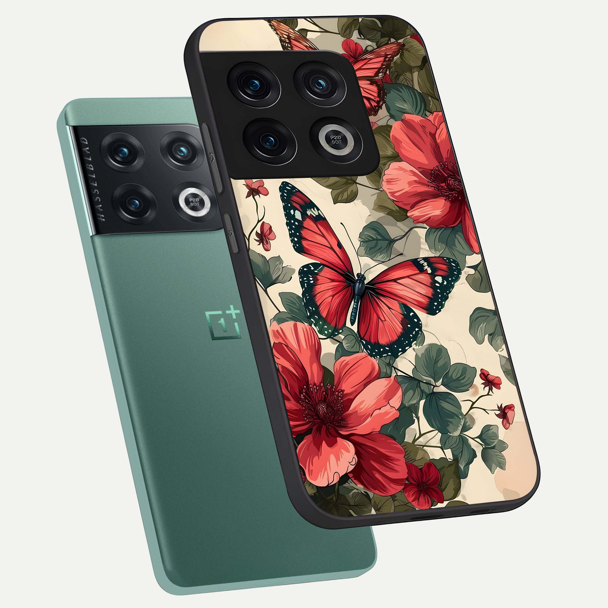  Crimson Butterfly Garden phone case For OnePlus 10 Pro showing premium glass back cover with detailed artwork