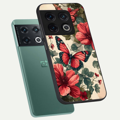  Crimson Butterfly Garden phone case For OnePlus 10 Pro showing premium glass back cover with detailed artwork