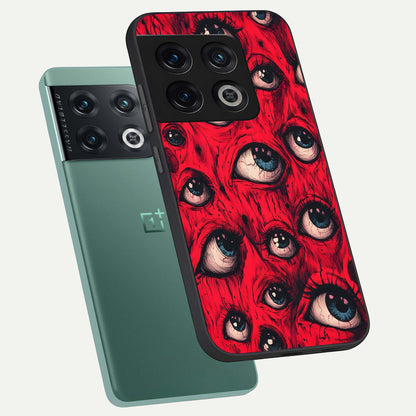  Crimson Watch Eyes phone case For OnePlus 10 Pro showing premium glass back cover with detailed artwork