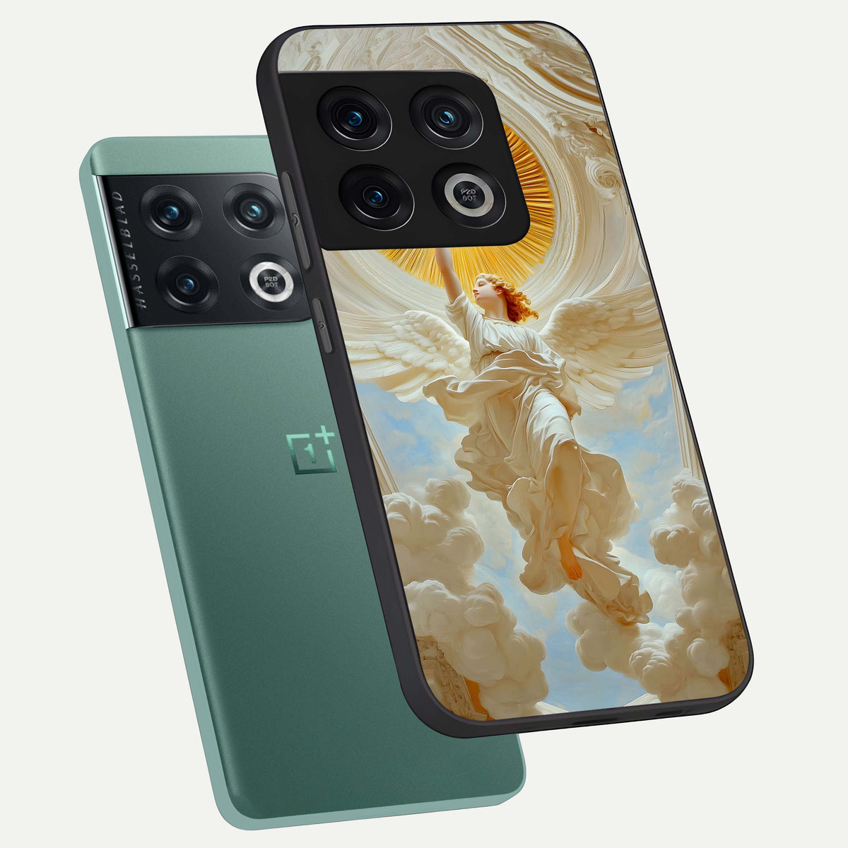  Divine Light Angel phone case For OnePlus 10 Pro showing premium glass back cover with detailed artwork