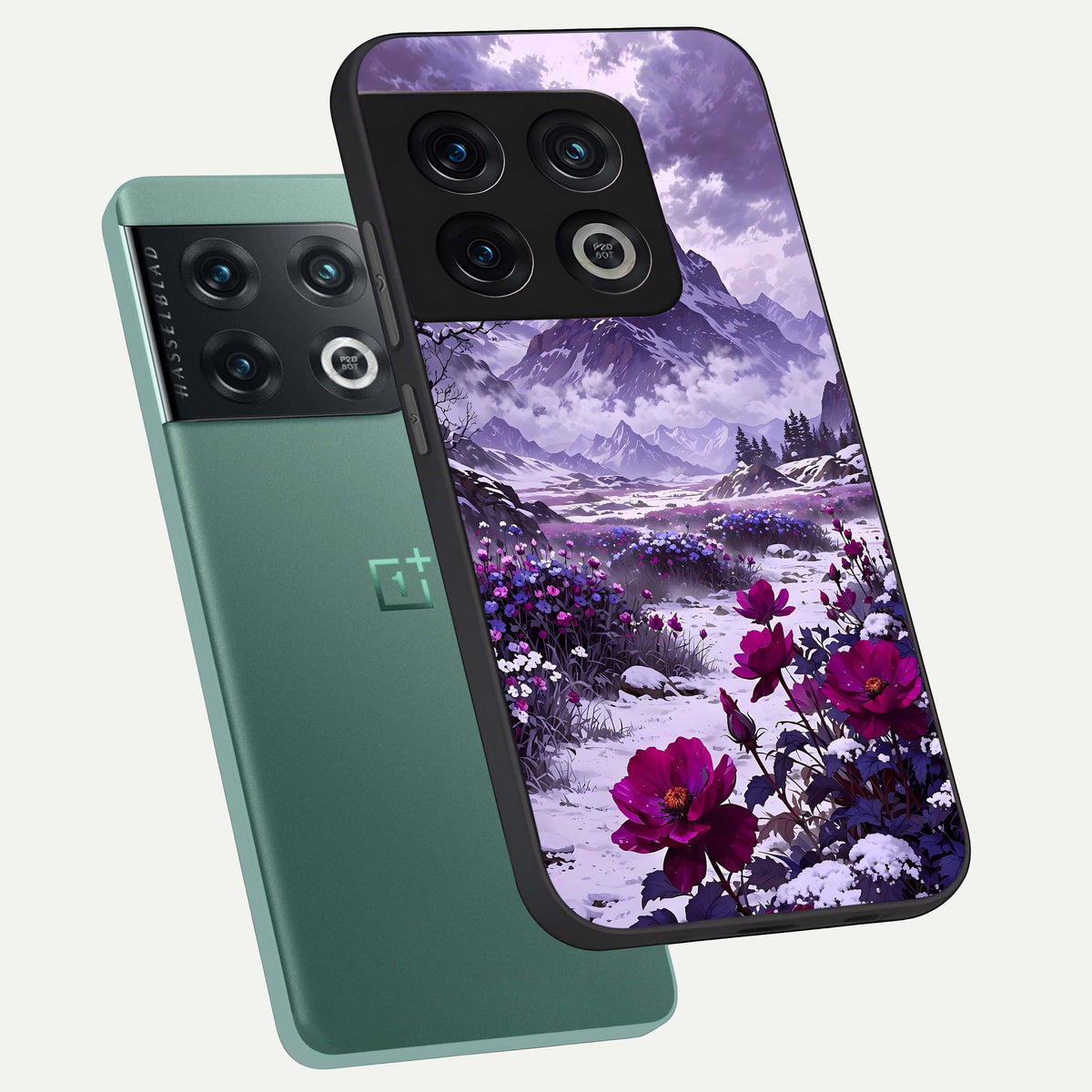  Flower Mountain View phone case For OnePlus 10 Pro showing premium glass back cover with detailed artwork