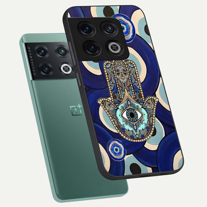  Hamsa Divine Guard phone case For OnePlus 10 Pro showing premium glass back cover with detailed artwork