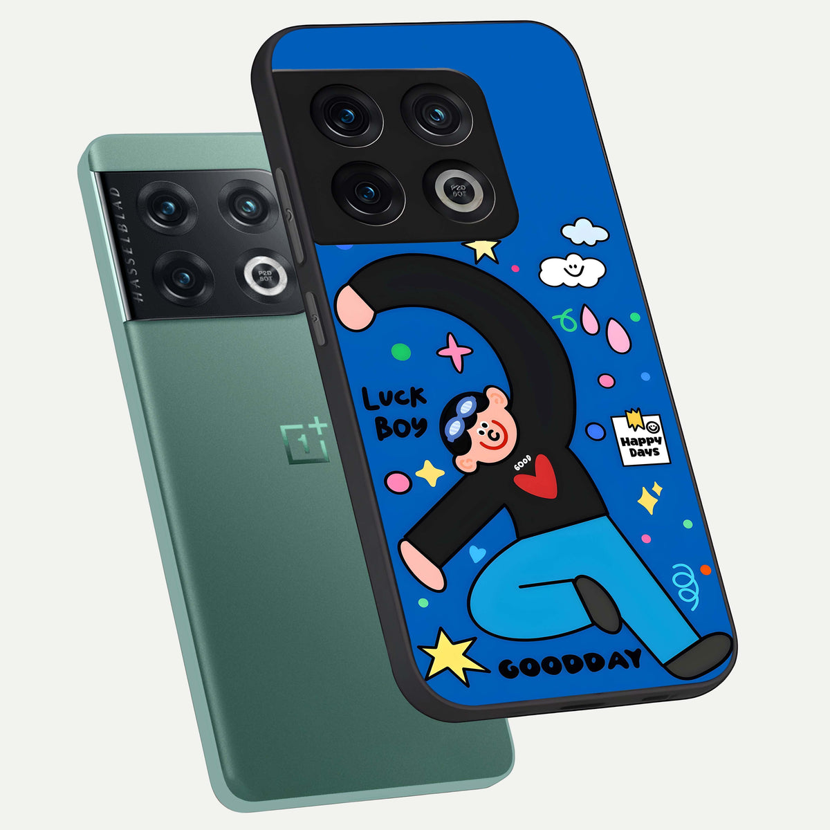  Happy Luck Vibe phone case For OnePlus 10 Pro showing premium glass back cover with detailed artwork