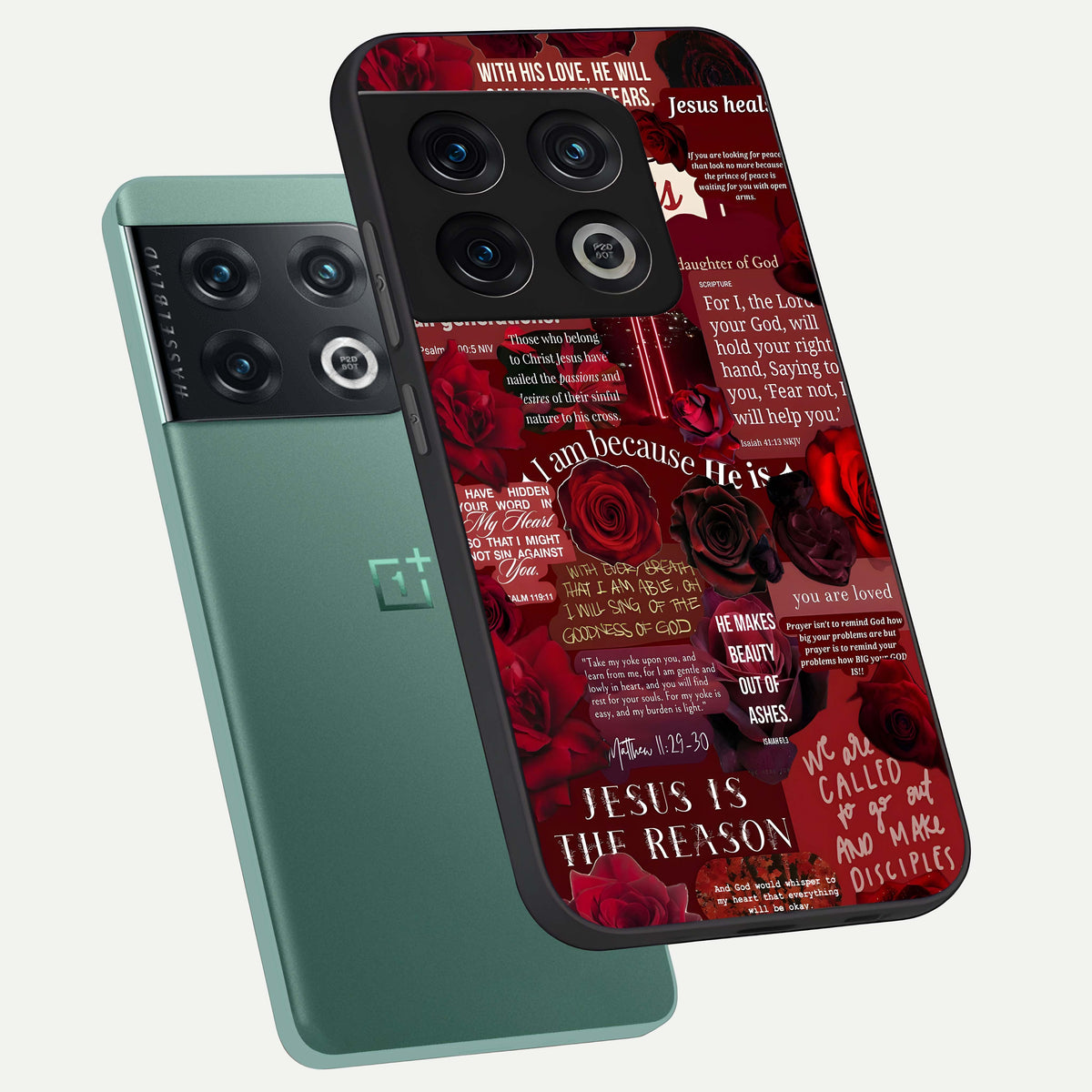  Jesus Love Heals phone case For OnePlus 10 Pro showing premium glass back cover with detailed artwork