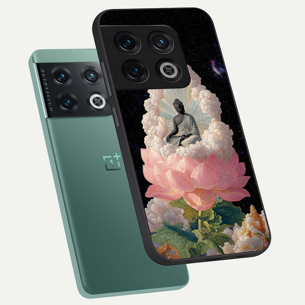 Lotus Divine Peace phone case For OnePlus 10 Pro showing premium glass back cover with detailed artwork