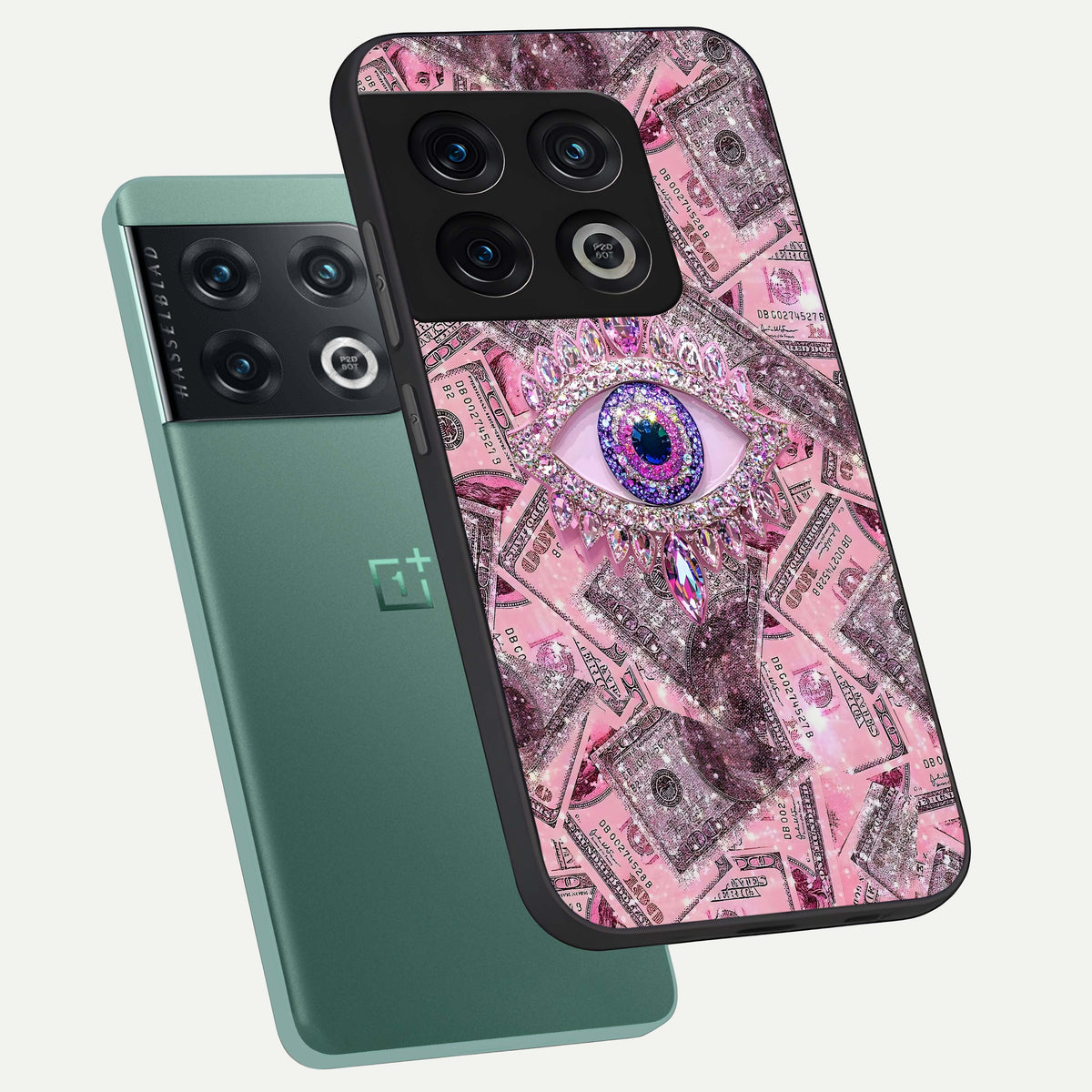  Money Eye Luxe phone case For OnePlus 10 Pro showing premium glass back cover with detailed artwork