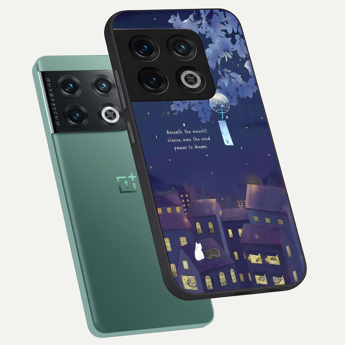  Moonlit Cat Silence phone case For OnePlus 10 Pro showing premium glass back cover with detailed artwork