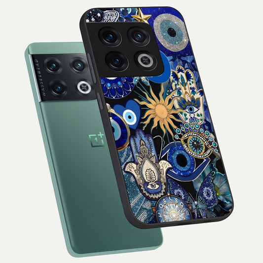  Mystic Blue Evil Eye phone case For OnePlus 10 Pro showing premium glass back cover with detailed artwork
