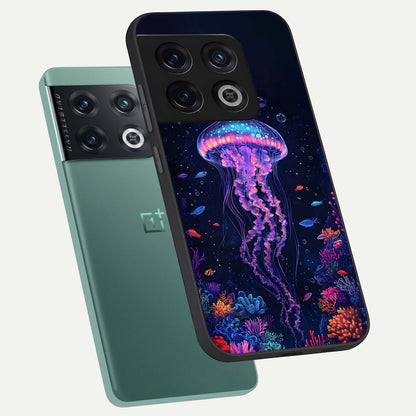  Neon Jellyfish phone case For OnePlus 10 Pro showing premium glass back cover with detailed artwork
