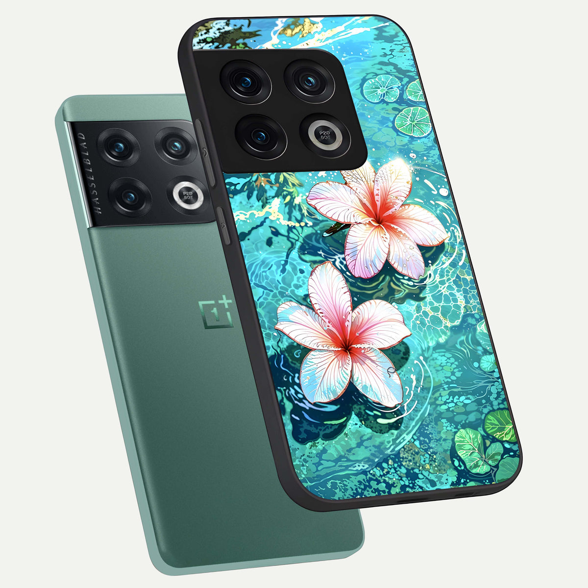  Pink Flowers in Water phone case For OnePlus 10 Pro showing premium glass back cover with detailed artwork