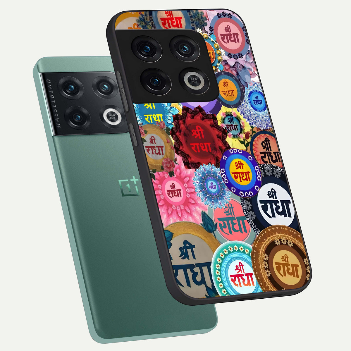  Radha Divine Bloom phone case For OnePlus 10 Pro showing premium glass back cover with detailed artwork