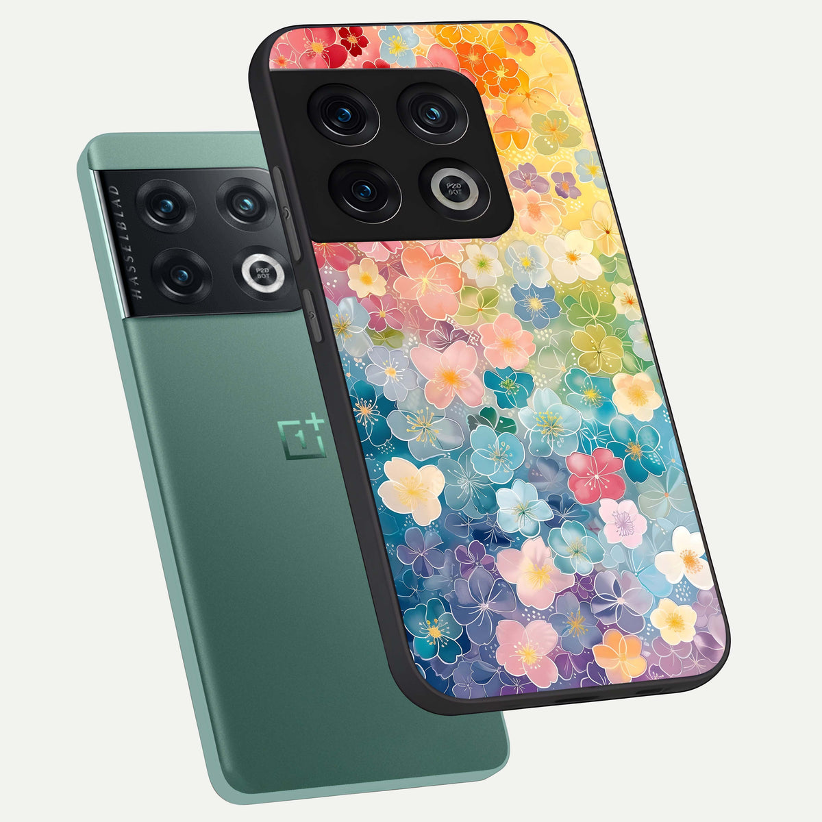  Rainbow Blossom Burst phone case For OnePlus 10 Pro showing premium glass back cover with detailed artwork