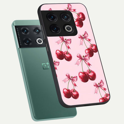  Red Cherries Pattern phone case For OnePlus 10 Pro showing premium glass back cover with detailed artwork