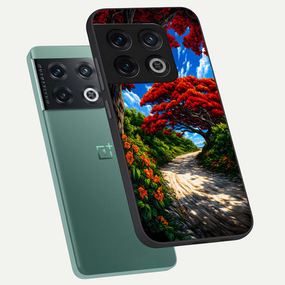  Red Trees Pathway phone case For OnePlus 10 Pro showing premium glass back cover with detailed artwork