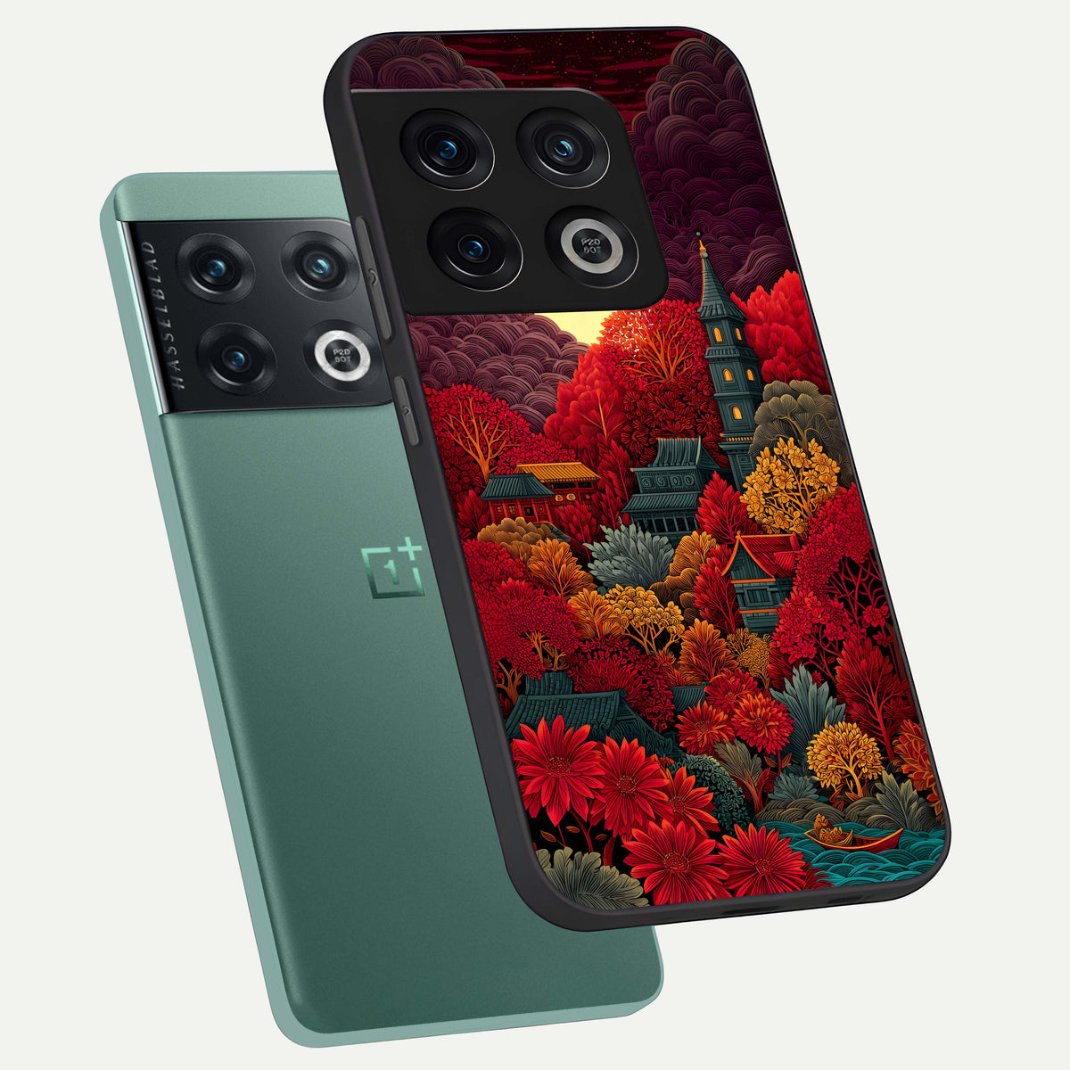  Scarlet Autumn Temple phone case For OnePlus 10 Pro showing premium glass back cover with detailed artwork
