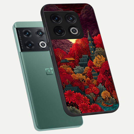  Scarlet Autumn Temple phone case For OnePlus 10 Pro showing premium glass back cover with detailed artwork