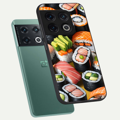  Sushi Food Pattern phone case For OnePlus 10 Pro showing premium glass back cover with detailed artwork