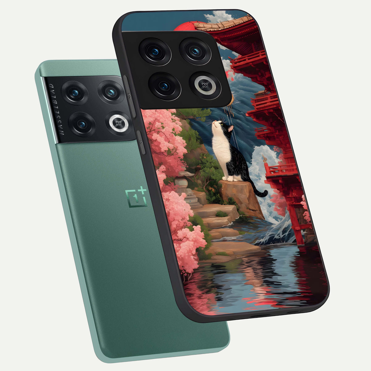  Temple Cat Scenery phone case For OnePlus 10 Pro showing premium glass back cover with detailed artwork