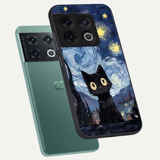 Van Gogh Cat phone case For OnePlus 10 Pro showing premium glass back cover with detailed artwork