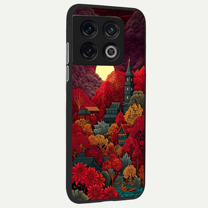  Scarlet Autumn Temple back cover For OnePlus 10 Pro slim fit glass case with vibrant aesthetic design