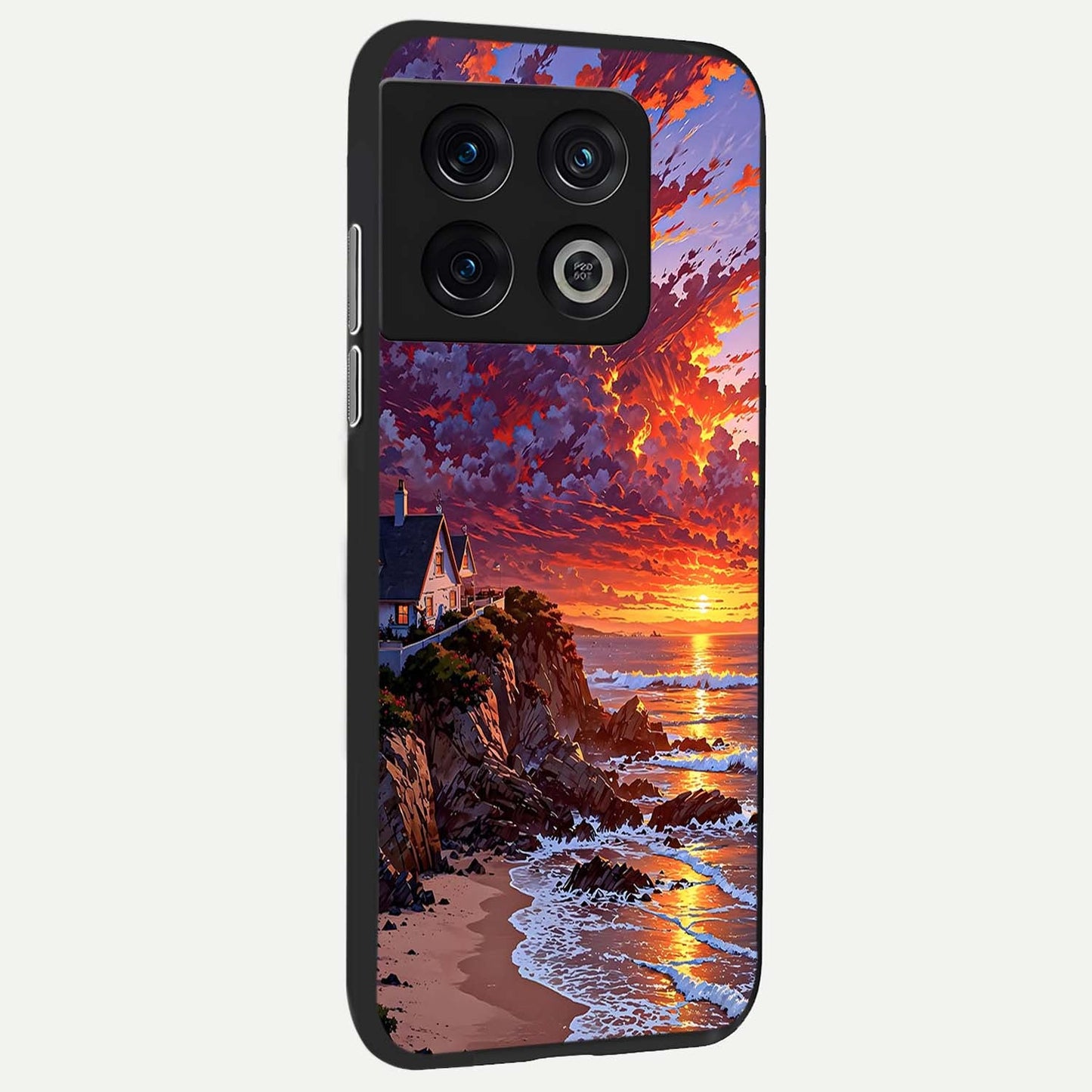 Sunset House By Sea Glass Case showing full back design in clean flat view with seaside house at sunset artwork and glossy glass finish.