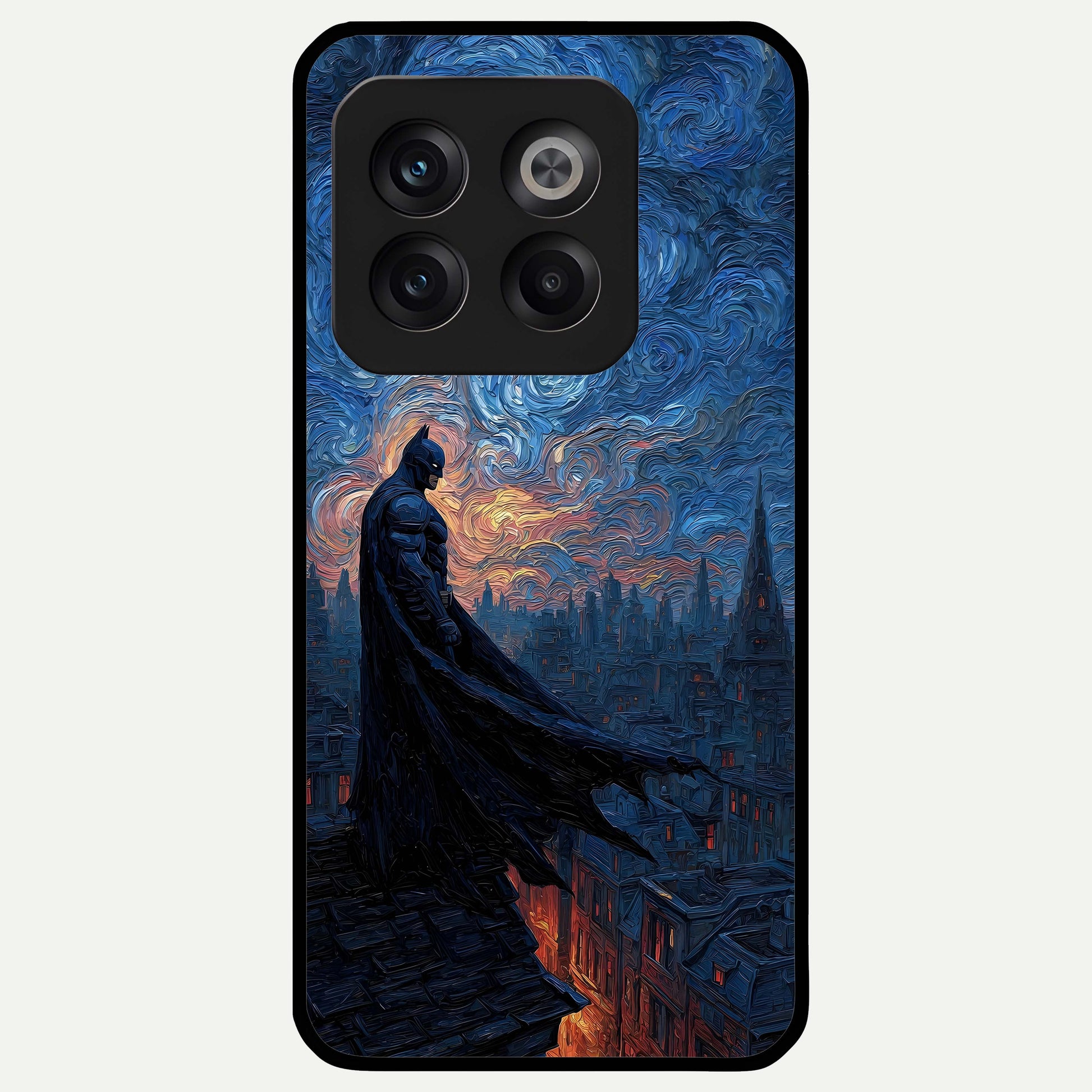 Dark Knight Dusk Glass Case captured at a warm angle highlighting dramatic shadows, gloss, and edge clarity.
