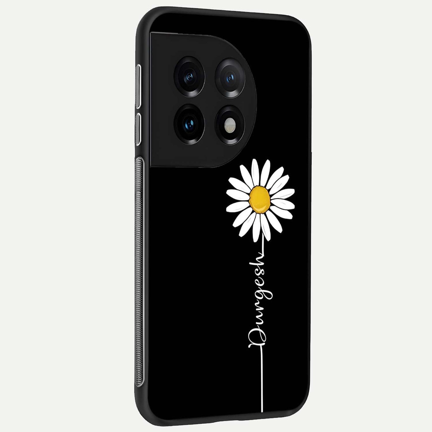 Custom Name White Flower Glass Case showing full back design in clean flat view with white floral elegance and glossy glass finish.