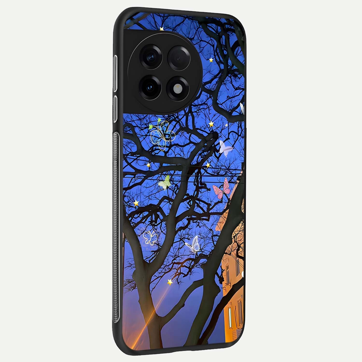 Butterfly Night Magic Glass Case showing full back design in clean flat view with glowing night butterflies and glossy glass finish.
