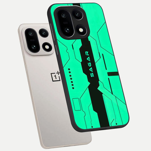  Aqua Tech CYBERPUNK Custom Name phone case For Oneplus 15 showing premium glass back cover with detailed artwork