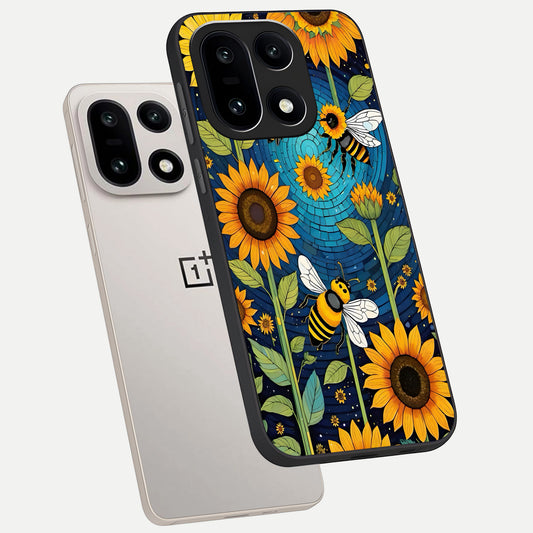  Bees And Sunflowers phone case For Oneplus 15 showing premium glass back cover with detailed artwork